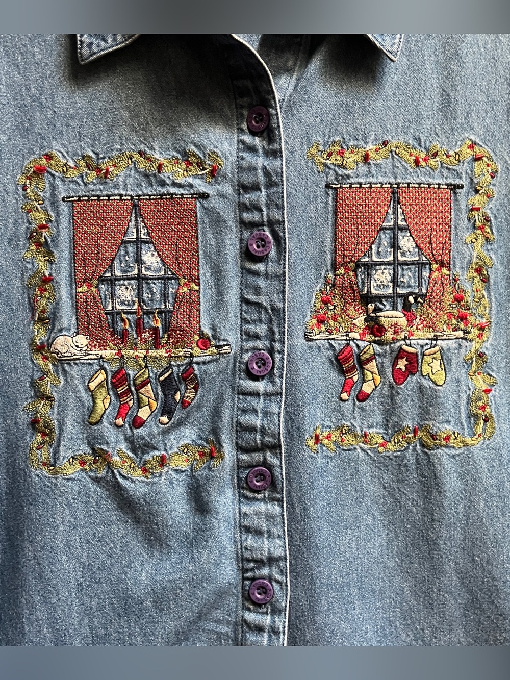 PS Casual Vintage Blue Christmas Stockings Embroidered Denim Shirt Size 1X - Picture 6 of 9